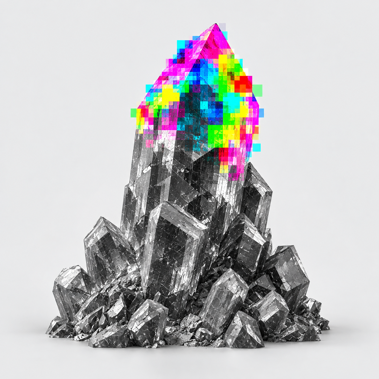 Graphite Zircon crystal with vivid pink, turquoise, and yellow pixel facets